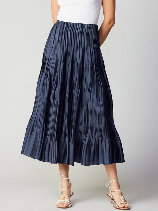 Sale Last one-Navy Pleated 3-Tiered Long Skirt