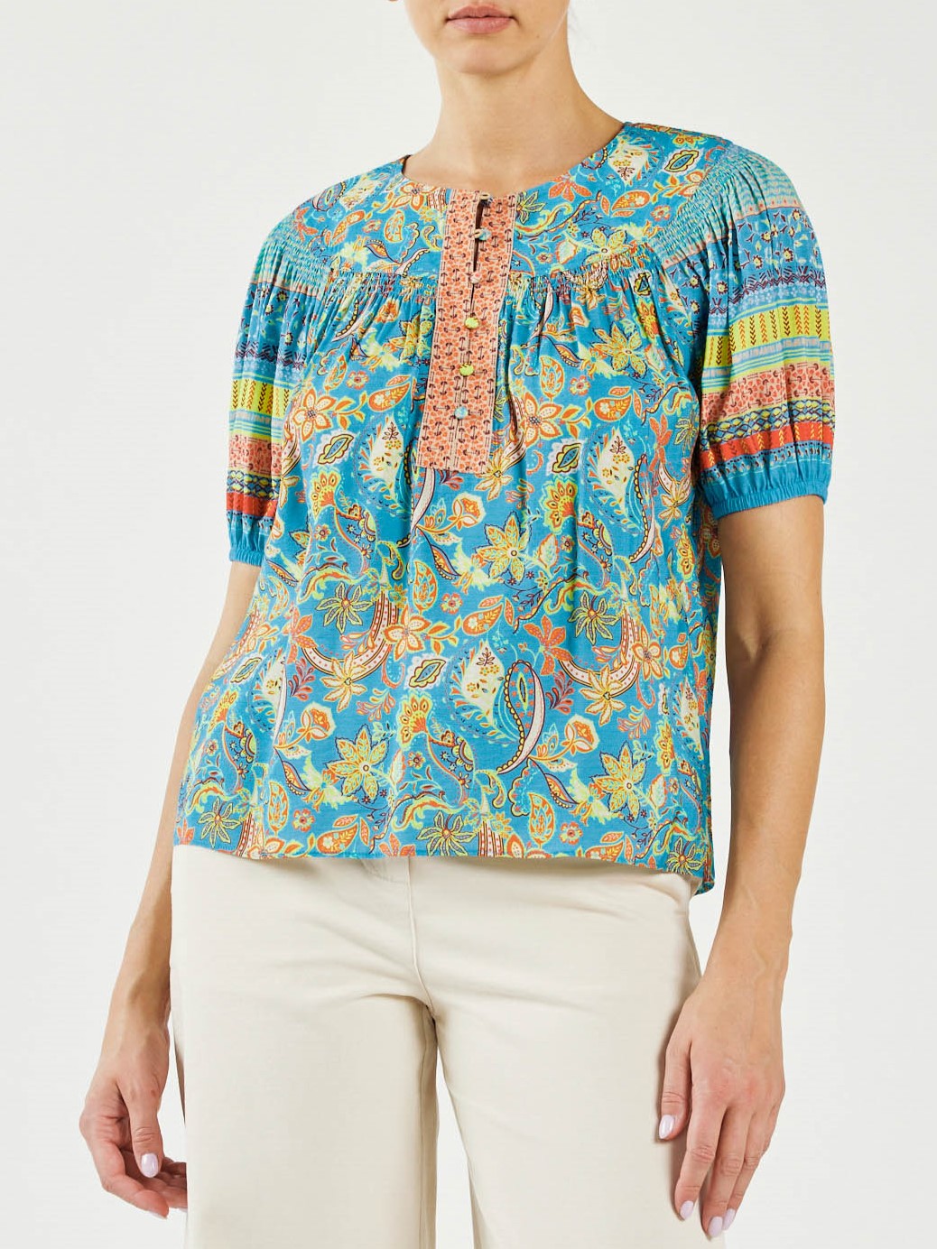 Orange/Blue Multi Half Sleeved Blouse-CURRENT AIR(sale)-Cary P Tree Only