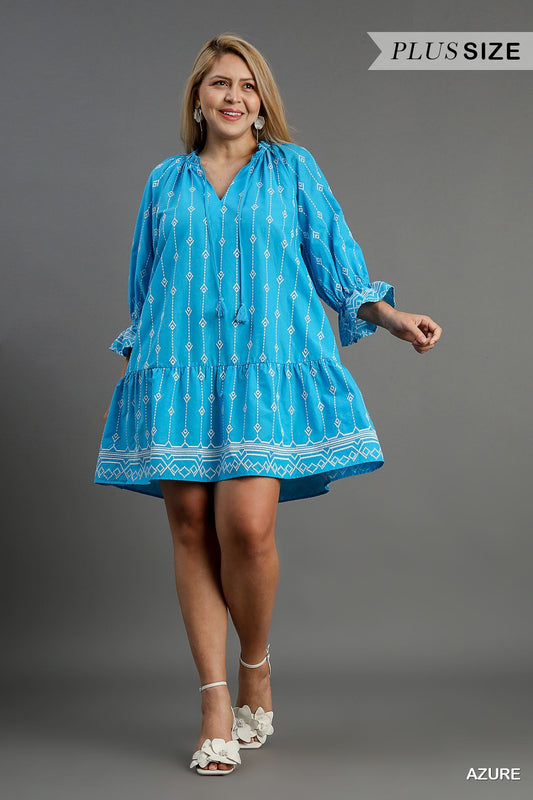 Blue Embroidery Short A-Line Dress with Split Ruffle Neckline & Tassel Tie-PLUS
