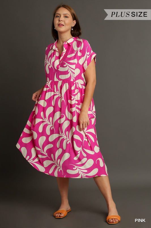 Pink and White Print Crinkle Light Midi Dress w/Pockets -Plus